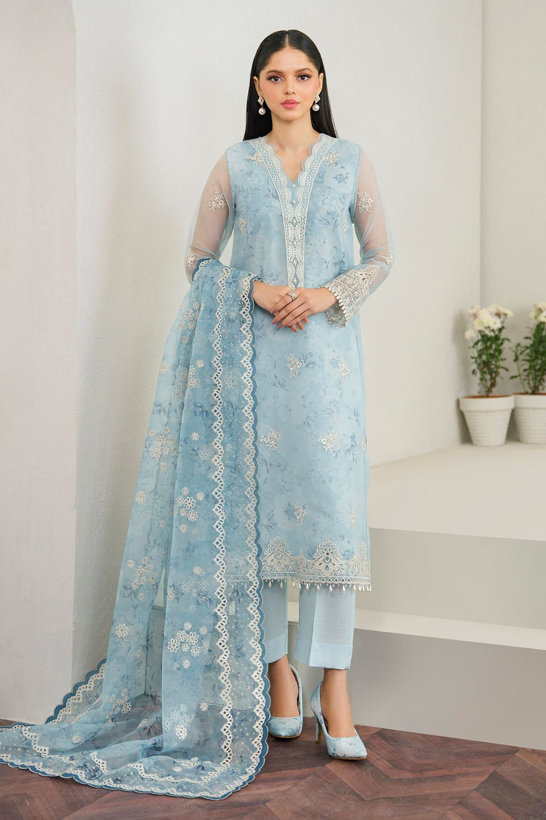 Baroque Sky Blue Organza Collection Replica Stitched Suit